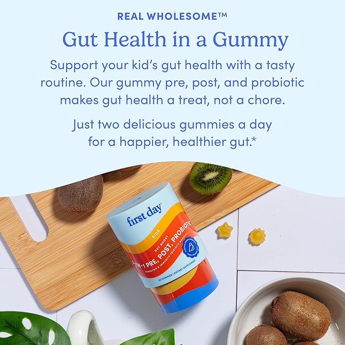 FIRST DAY Kids 3-in-1 Probiotic Gummies – Prebiotic + Probiotic + Postbiotic Supplement – Supports Digestive & Oral Health, Immune Function & Energy Levels – 30-Day Supply