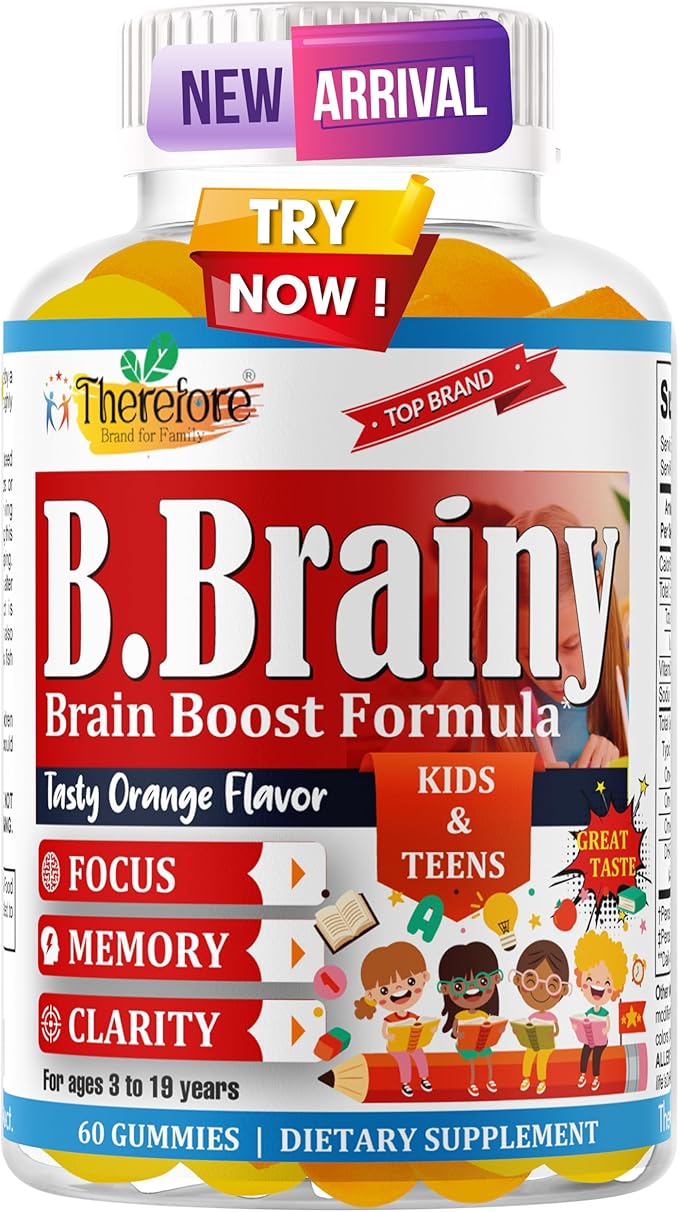 B.Brainy Brain Focus Gummies for Kids & Teens, Attentive Child Supplement, Brain Focus Vitamins for Kids & Teens, Vegan Omega 3 EPA/DHA, Support Memory, Clarity, Concentration, Low Sugar 60 Gummies