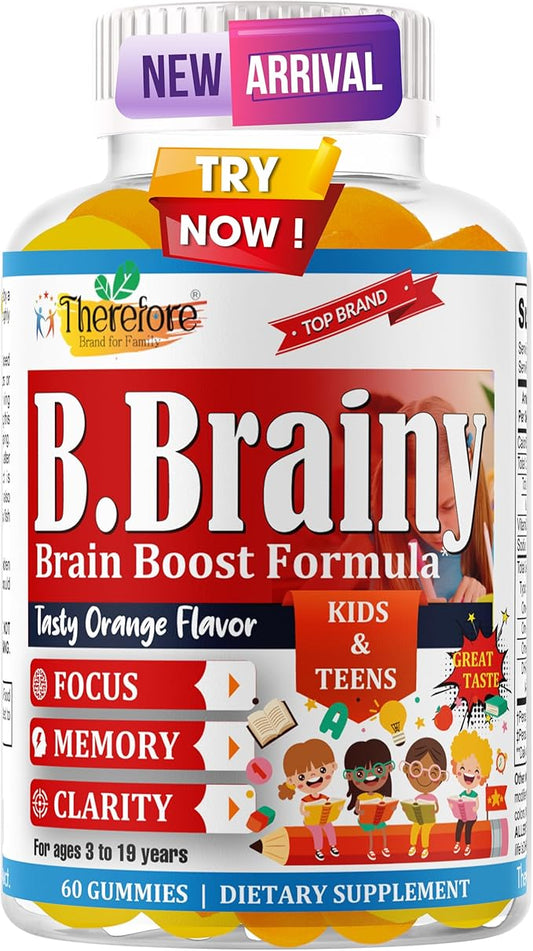B.Brainy Brain Focus Gummies for Kids & Teens, Attentive Child Supplement, Brain Focus Vitamins for Kids & Teens, Vegan Omega 3 EPA/DHA, Support Memory, Clarity, Concentration, Low Sugar 60 Gummies