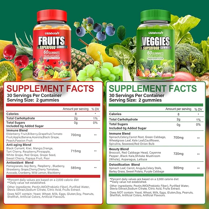 Super Fruits and Veggies Supplement - Super Fruits and Vegetables Gummies for Women,Men and Kids, Sugar Free Vegan Gummies for Nature Energy Balance, 60 Count(Pack of 2)
