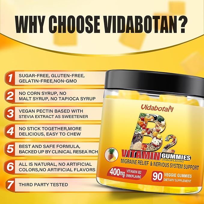 Vitamin B2 Gummies- Riboflavin 400mg with Magnesium & CoQ10 for Kids & Adults, Migraine Relief & Headache Relief - Pineapple Flavor, 90 Chewable Gummies