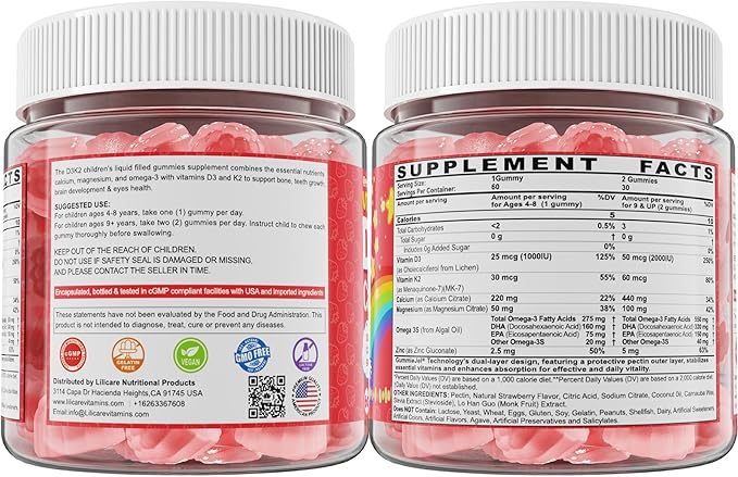 Kids Vitamin D3 K2 Filled Gummies 1000IU/2000IU D3 + K2(MK-7) with Calcium, Magnesium & Algal Omega 3(EPA/DHA) for Bones, Teeth, Muscles, Brain, Kids 4+ Vitamins (Low Dose Perfect For Adults), 60 Cts