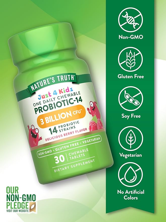 Nature's Truth Probiotics for Kids | 30 Chewable Tablets | 3 Billion CFUs | Berry Flavor | Vegetarian, Non-GMO & Gluten Free Supplement