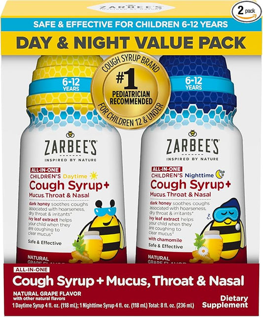 Zarbee's Children's All-in-One Honey Cough Syrup + Mucus, Throat & Nasal Day & Night Value Two Pack for Kids 6-12 + Dark Honey, Ivy Leaf Extract, Zinc Turmeric Root & B-Vitamins, Grape, 2 x 4 fl. Oz
