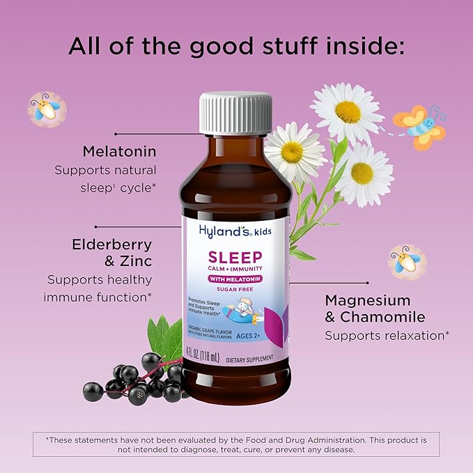 Hyland's Kids Sleep Calm and Immunity with Melatonin, Promotes Sleep and Supports Immune Health, Ages 2 and up, Grape Flavor, 4 Fl. Oz.