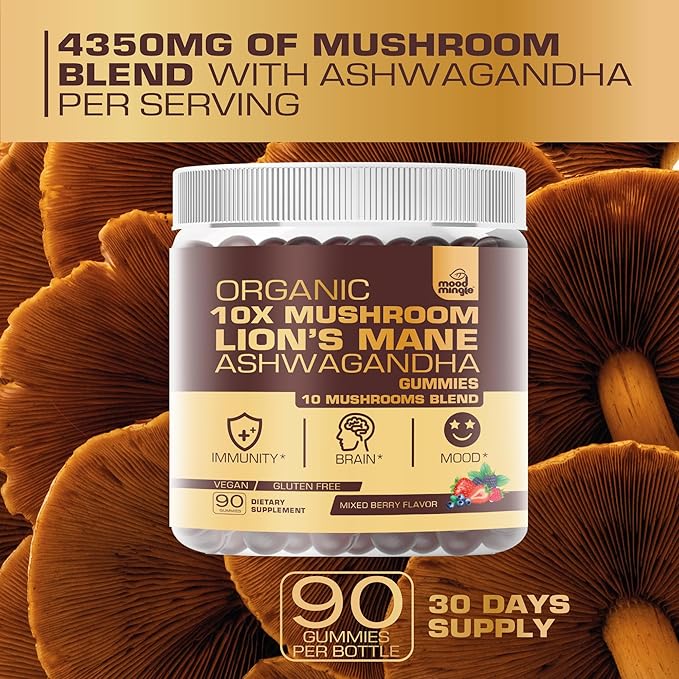 Organic 10X Lion’s Mane Mushroom Gummies for Kids Adults (4350mg) - Gluten Free Daily Supplement Complex Blend with Reishi Turkey Tail Shiitake