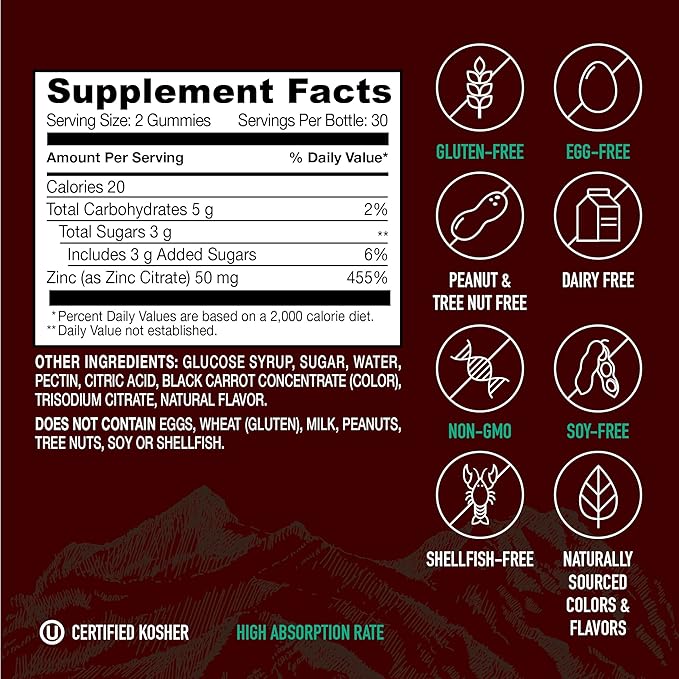 Strong Earth - 50mg Zinc Gummies for Kids and Adults (60 Count) - Immune Support & Antioxidant Supplement - Delicious Natural Flavor Zinc Supplement Gummy - Gluten, Non GMO, Vegan - Chewable Zinc