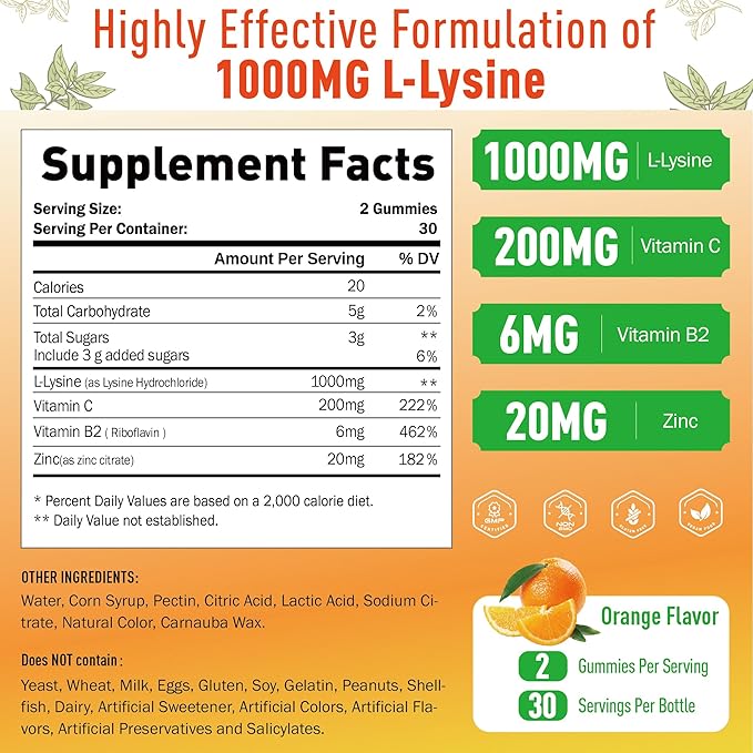 2 Packs Lysine Gummies 1000 mg, Cold Sore Treatment with Immune Support for Lips & Oral, Chewable L- Lysine Supplement for Adults & Kids, Boost Immune & Collagen, Gluten Free - 120 Counts
