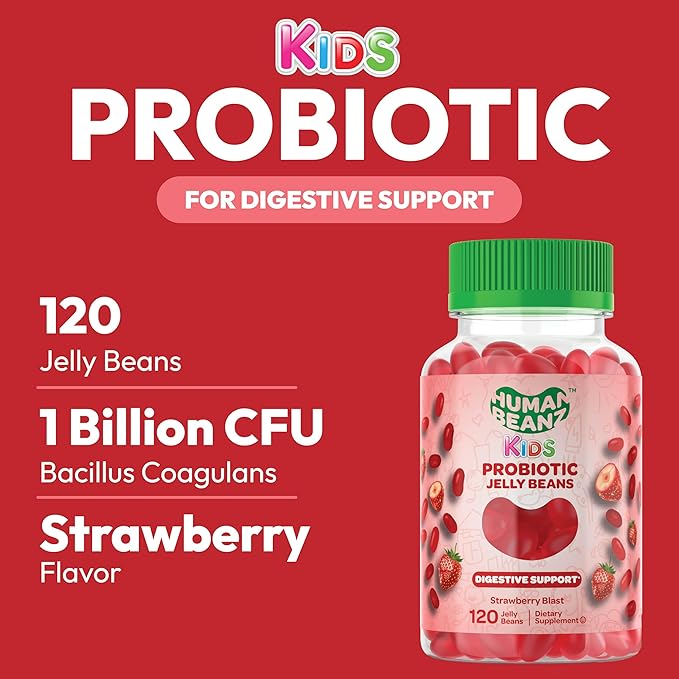 Probiotic Jelly Bean Gummies for Kids, Probiotic Supplements for Digestive Health, Nutritional Vegetarian Supplements, 120 Strawberry Blast Jelly Beans, Kosher