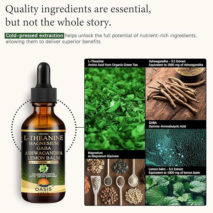 Oasisforce L Theanine 400mg Liquid Drops, L-Theanine Supplement for Adults & Kids with GABA, Magnesium & Ashwagandha, Natural Sleep, Focus & Relaxation Support, Vegan, Alcohol-Free, Non-GMO, 2 FL OZ