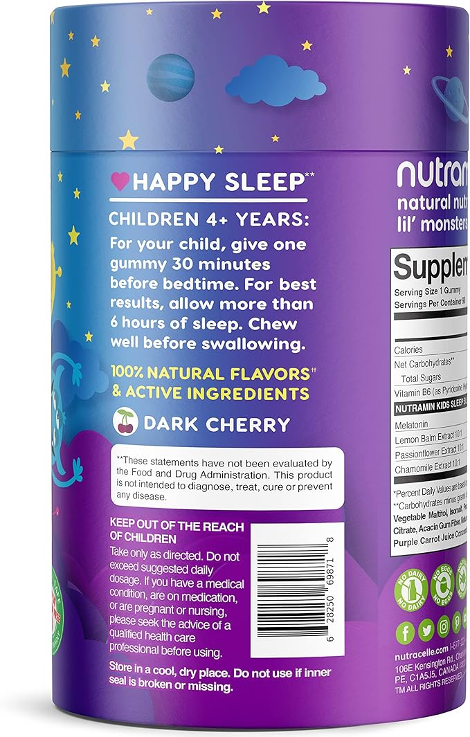 NUTRAMIN Kids Sleep Gummy - Sugar-Free & Vegan - 100% Natural Sleeping Aid with Melatonin Sleep Gummies for Kids - Hypoallergenic, Halal, Kosher, Non GMO - Dark Cherry - 90 Count