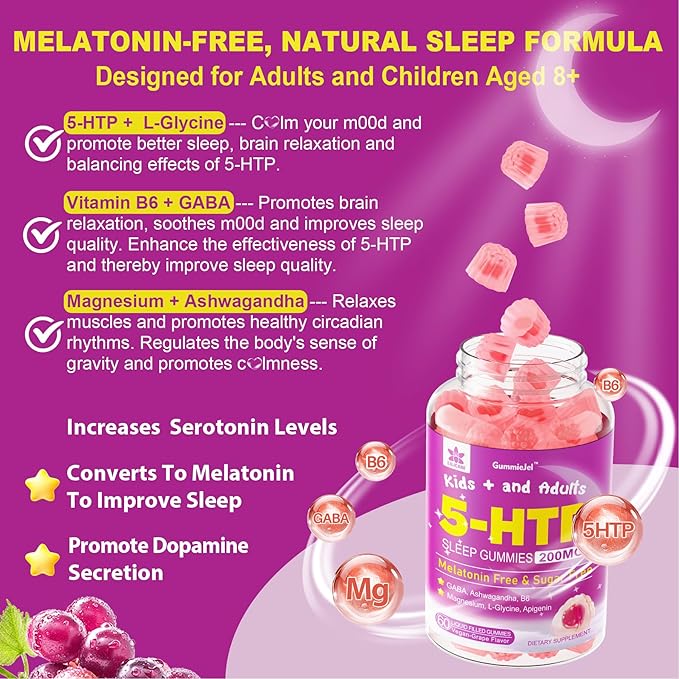 5HTP Gummies for Adults & Kids 8+, Melatonin Free Gummies with Magnesium Glycinate, GABA, L-Glycine, Ashwagandha, Vitamin B6 for Delicious Zzzs, Brain & Muscle Relaxation, 0 Sugar 60 Count (Pack of 1)