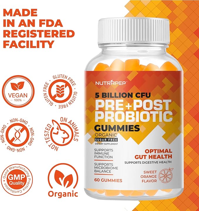 Prebiotic Probiotic & Postbiotic Gummies for Women Men & Kids Children - High Potency 5 Billion CFU - Sugar-Free & Gluten Free