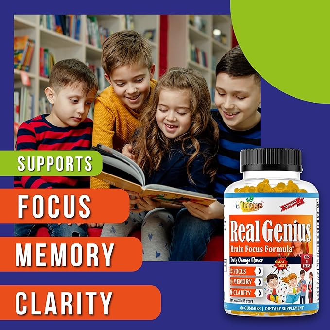 Real Genius Kids Focus Gummies – Brain Booster Supplement with Omega-3 DHA & EPA – Supports Memory, Attention & Focus – Gummy Vitamins for Teens & Children – Low-Sugar, Vegan, 60 Gummies