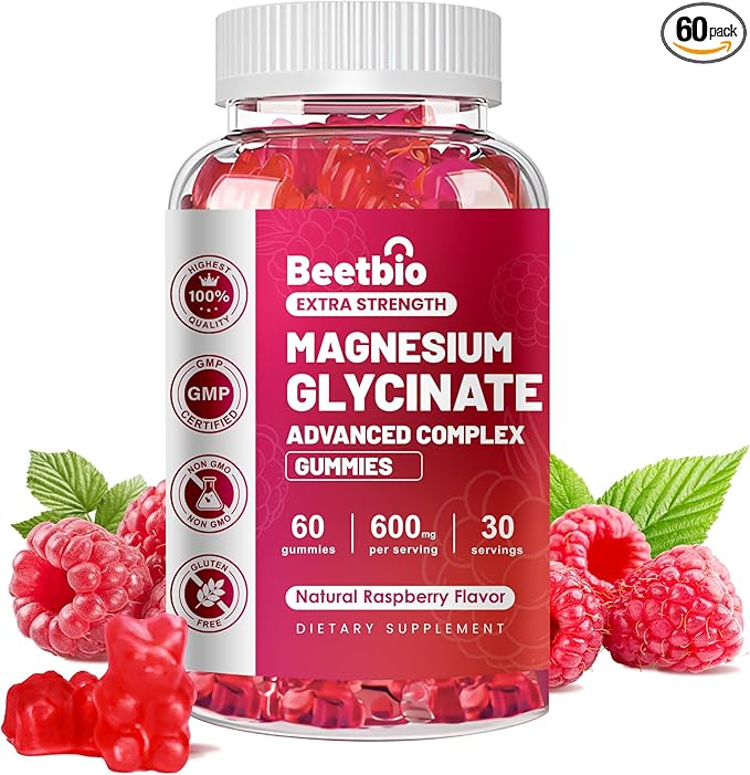 Magnesium Glycinate Gummies 600mg, Chewable Magnesium Glycinate Supplement for Kids & Adults, Magnesium Gummies for Sleep, Muscle & Bone, Sugar Free, Vegan, Raspberry Flavor (60Count)