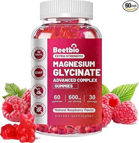 Magnesium Glycinate Gummies 600mg, Chewable Magnesium Glycinate Supplement for Kids & Adults, Magnesium Gummies for Sleep, Muscle & Bone, Sugar Free, Vegan, Raspberry Flavor (60Count)