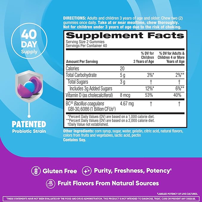 Digestive Advantage Daily Probiotic Gummy for Kids, Multi, Natural Fruit Flavours, 80.0 Count