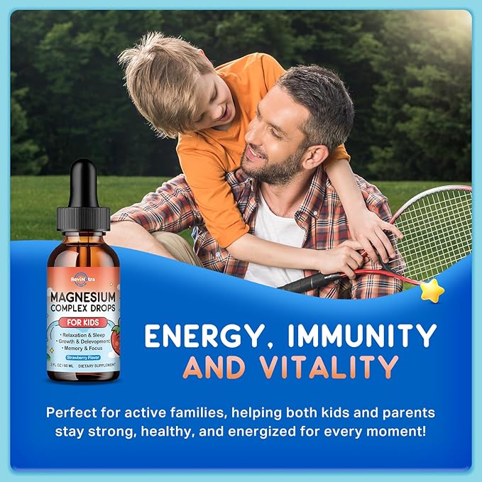 Magnesium Glycinate Liquid for Kids, Kids Magnesium Drops with L-Theanine, Calcium, Zinc, Vitamin D3 K2 for Sleep, Calm, Mood, Relaxation, Focus, Brain, Bones, Strawberry Flavor 2 Fl Oz