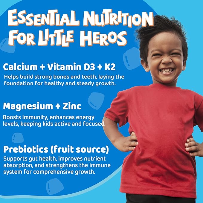 Sugar Free Kids Calcium Gummies (Made in USA) with Vitamin D3 K2, Magnesium, Zinc, Prebiotics, High Absorption Algae Calcium for Better Bone Growth & Development, Kids Vitamins Gummies, Vegan, 60 Cts