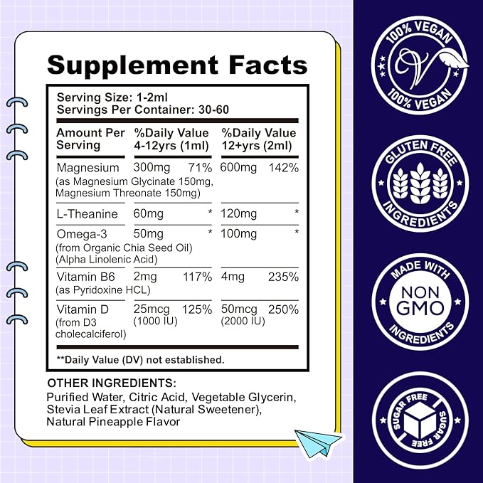 Kids Magnesium Liquid Drops-Magnesium Glycinate Liquid for Kids, L-Threonate Supplement-w/L-theanine, Omega-3, Vitamin B6, D3 - for Sleep, Relaxation, Brain, Bones - Pineapple Flavor, 2 Fl Oz