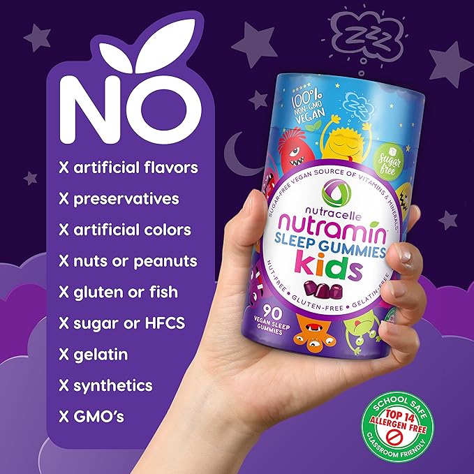 NUTRAMIN Kids Sleep Gummy - Sugar-Free & Vegan - 100% Natural Sleeping Aid with Melatonin Sleep Gummies for Kids - Hypoallergenic, Halal, Kosher, Non GMO - Dark Cherry - 90 Count