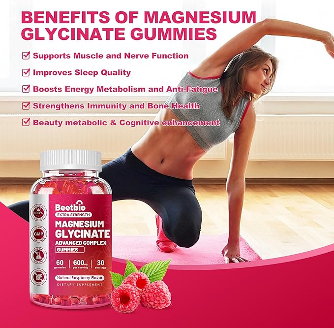 Magnesium Glycinate Gummies 600mg, Chewable Magnesium Glycinate Supplement for Kids & Adults, Magnesium Gummies for Sleep, Muscle & Bone, Sugar Free, Vegan, Raspberry Flavor (60Count)