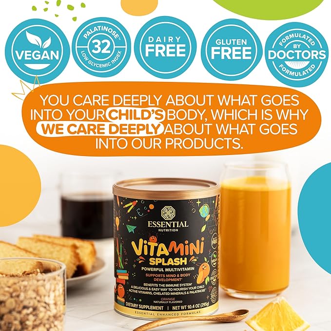 Vitamini Splash - Kids multivitamin Powder - Nutritional Support - 13 Active Vitamins & 6 Chelated Minerals, Prebiotic Fiber - Orange Flavor - (10.4 oz) - Vegan