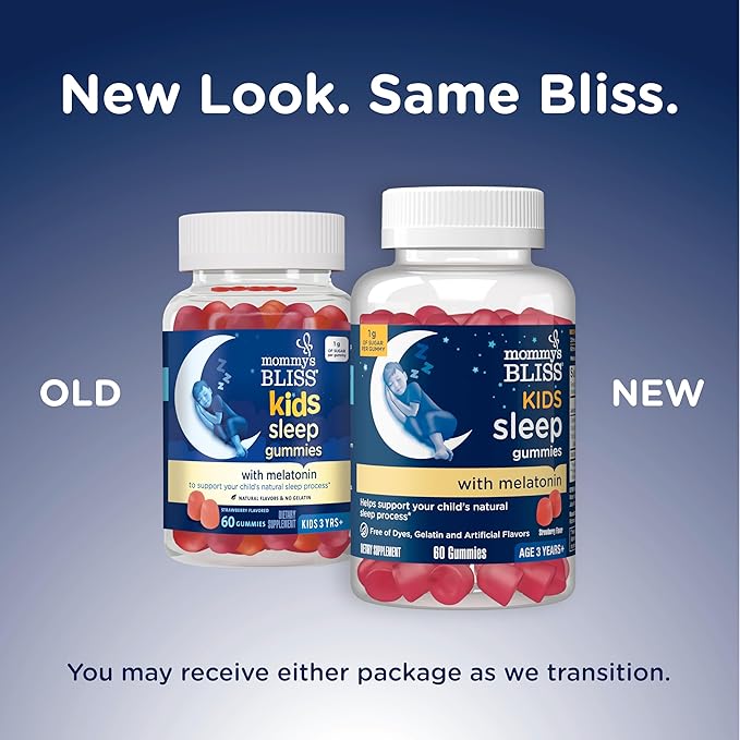 Mommy's Bliss Kids Sleep Melatonin Gummies, Free of Artificial Colors, Flavors, or Gelatin, Strawberry Flavor, Age 3+ (60 Gummies)