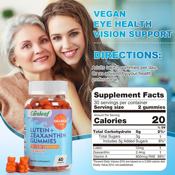 Vegan Lutein Gummies 12mg with Zeaxanthin and Vitamin A for Kids and Adults for Eye Health and Brain Function Supplement Orange Flavor
