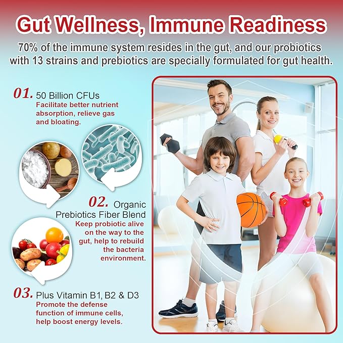 Sugar Free Probiotics Gummies for Adults & Kids 4+, Probiotics 13 Strains 50 Billion CFUs w/Acacia Prebiotics + Vitamin B1, B2, D3 & Zinc, for Digestive & Gut Health, Immunity, Vegan Chewable,120 Cts