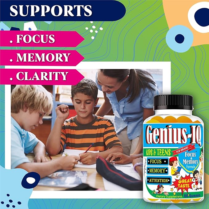 Genius IQ Kids Brain Supplements for Memory and Focus Omega 3-6-9, EPA DHA Gummy Vitamins, Brain Booster Calm Gummies,Supports Concentration, Clarity, Attention and Mood 60 Gummies