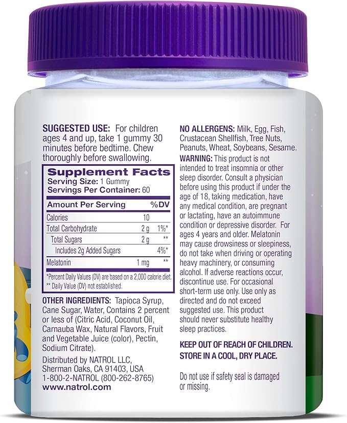 Natrol Kids Melatonin 1mg, Supplement for Restful Sleep, Sleep Gummies for Children, 60 Raspberry-Flavored Melatonin Gummies, 60 Day Supply