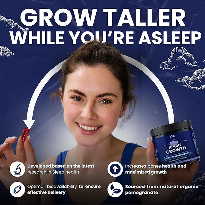 Heightener Height Growth Sleep Gummies - Vitamins to Grow Taller for True Height Potential, Natural Height Booster Increase Supplement for Kids and Adults | Calcium & Melatonin Multivitamin - 60 Gummy