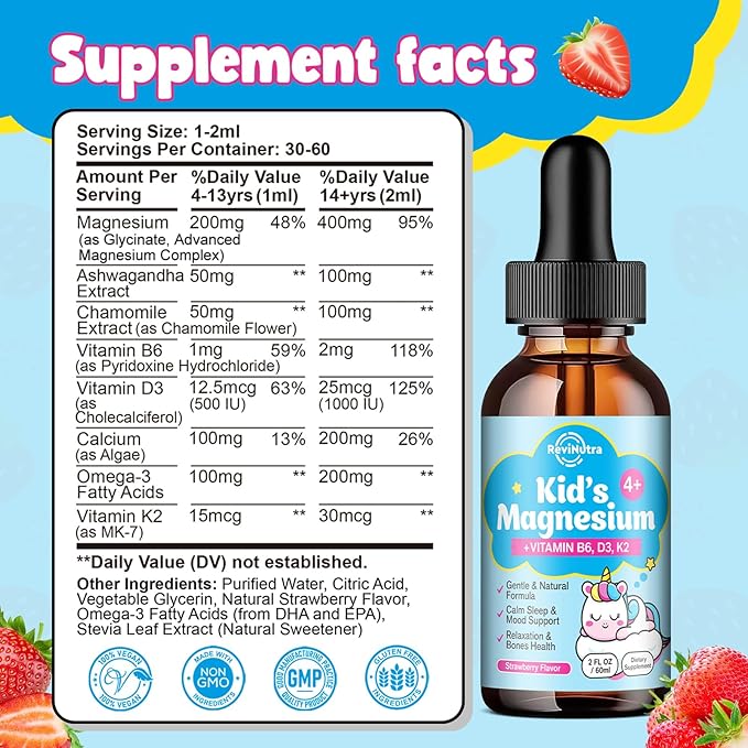 Kids Magnesium Glycinate Liquid Drops with Omega-3, Ashwagandha, Vitamin B6, D3, K2, Calcium & Chamomile - Magnesium Drops for Kids Sleep, Calm, Focus, Brain & Mood - Strawberry Flavor