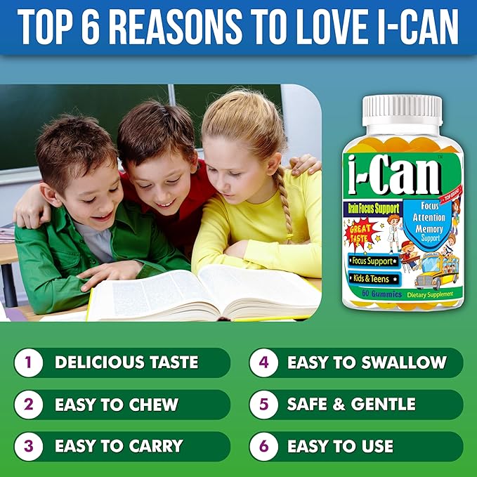 I-Can Brain Booster Supplement for Kids & Teens, Brain Support Focus Vitamins, Gummy Vitamins for Kids, Great Taste Memory Supplement for Brain, Omega 3 Gummies for Kids 60 Gummies
