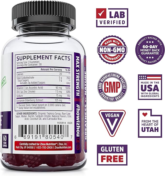 Zhou Nutrition Elderberry Gummies 60 Count & OLLY Kids Magnesium Gummies 50 Count Immune & Calm Support