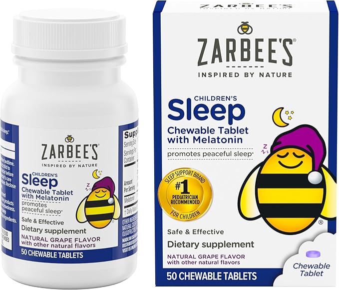 Zarbee's Kids 1mg Melatonin Chewable Tablet Drug-Free & Effective Sleep Supplement Easy to Take Natural Grape Flavor Tablets for Children Ages 3 and up 50 Count
