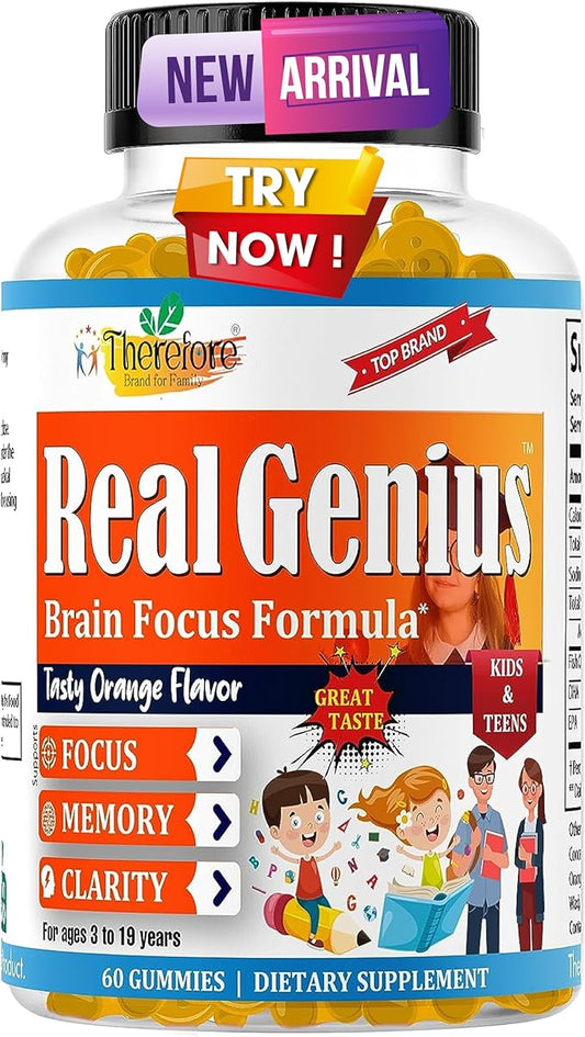 Real Genius Kids Focus Gummies – Brain Booster Supplement with Omega-3 DHA & EPA – Supports Memory, Attention & Focus – Gummy Vitamins for Teens & Children – Low-Sugar, Vegan, 60 Gummies