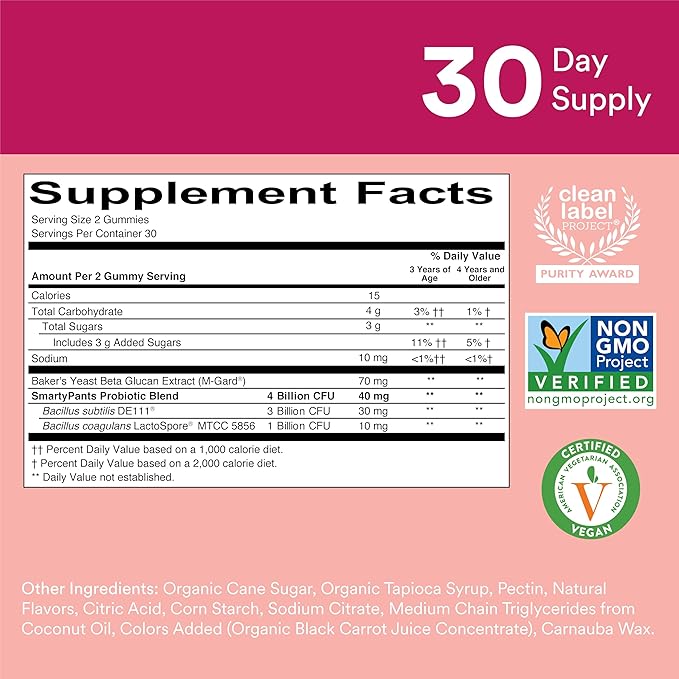 SmartyPants Kids Probiotic & Prebiotic Gummies for Digestive Health: 6 Billion CFU Gut Health Supplement, Clinically Studied Prebiotic for Immune Support, Strawberry, 60 Count (30 Day Supply)