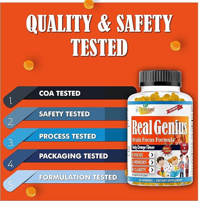 Real Genius Kids Focus Gummies – Brain Booster Supplement with Omega-3 DHA & EPA – Supports Memory, Attention & Focus – Gummy Vitamins for Teens & Children – Low-Sugar, Vegan, 60 Gummies