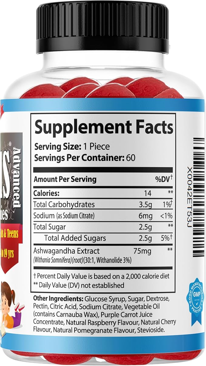 Advance Ashwagandha Root Gummies for Kids & Teens, Brain Supplements for Memory and Focus for Kids, Support Calm Mood, Anti Stress, Relaxation, Sleep, Energy, Low Sugar, 60 Gummy Vitamins