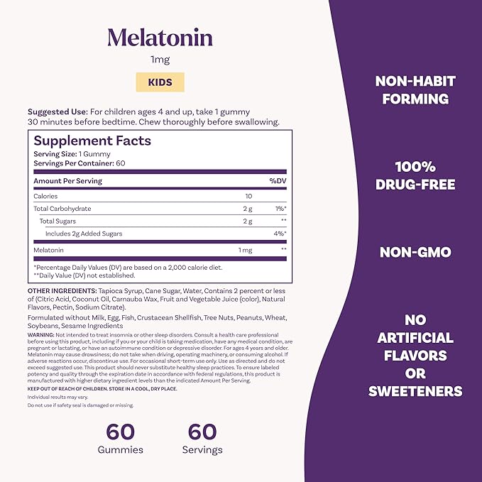 Natrol Kids Melatonin 1 mg, Dietary Supplement for Restful Sleep, Melatonin Gummies for Kids, 60 Raspberry-Flavored Gummies, Up to a 60 Day Supply