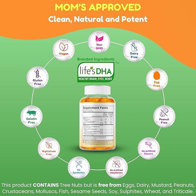 Gelatin Free Kids Omega 3 Gummies w/DHA 30 Servings. Plant-Based Omega 3 for Kids. Gluten Free & Non-GMO DHA Gummies. Children Omega 3 Gummies for Kids. Omega 3 Kids to Support Brain & Immune System