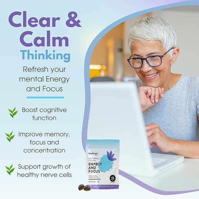 Energy and Focus Gummies – Low Caffeine 25mg w/L-Theanine, Lions Mane, Vitamin B12 – Nootropic Brain Supplement for Adults, Kids - Vegan, Low Sugar, Blue Raspberry Flavor, 30 Servings