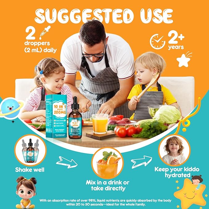 Zeolite Drops for Kids & Adult, 200mg Liquid Clinoptilolite with Vitamins B12 & D, 10 Billion CFU & Prebiotics, Supports Gut Health, Immune System & Energy, Strawberry Flavor, 60ML
