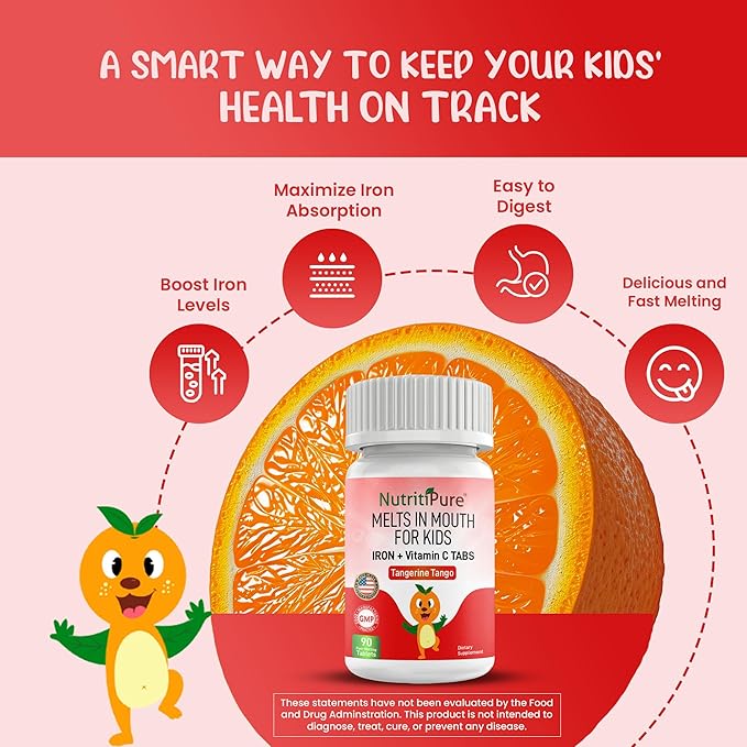 Kids Chewable Iron Supplement, Ferronyl® Carbonyl Iron 9 mg, Vitamin C 30 mg, Tangerine Tango Orange Flavor, 90 Count