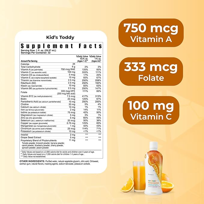 Youngevity Kid's Toddy™ - Mega Multivitamin for Kids & Children Age 2+ - 14 Vitamins, 10 Minerals, Phytonutrient Blend - Highly Absorbable - Great Tasting Orange 32 Fl Oz (Pack of 1)