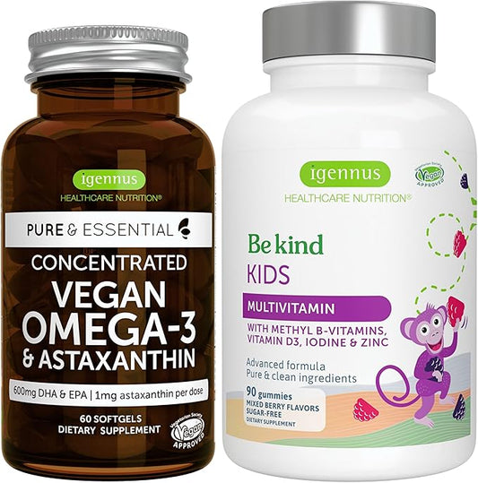 Vegan Omega-3 Algae Oil + Advanced Kids Multivitamin Gummy Bundle, High Concentration DHA & EPA + Vitamin A, B, C, D3 & E, Clean Ingredients 60 Softgels + 90 Berry Flavor Gummies, by Igennus