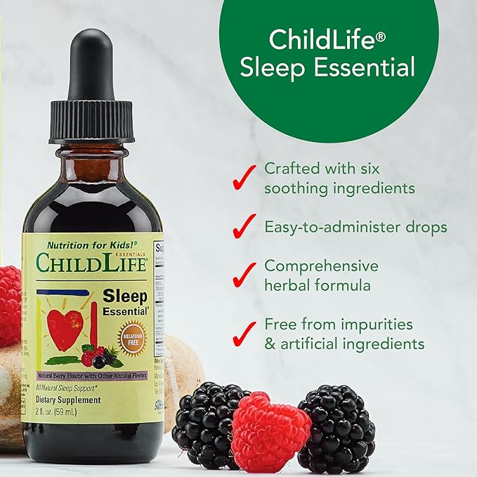 CHILDLIFE ESSENTIALS Sleep Essential - Melatonin-Free Sleep Aid for Kids, Natural Sleep Drops for Children 3+ with Passionflower & Valerian Root, Berry Flavor, 2 Fl Oz
