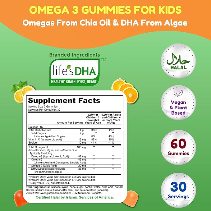 Gelatin Free Kids Omega 3 Gummies w/DHA 30 Servings. Plant-Based Omega 3 for Kids. Gluten Free & Non-GMO DHA Gummies. Children Omega 3 Gummies for Kids. Omega 3 Kids to Support Brain & Immune System